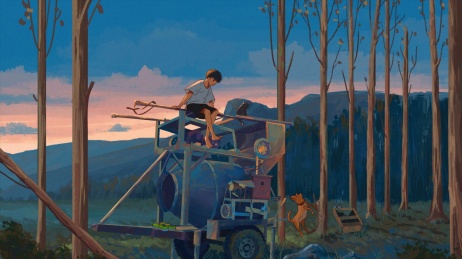 昔日恬静傍晚下的夏装男孩