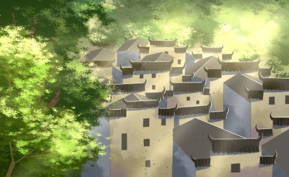 中国江西婺源石城村庄建筑插画