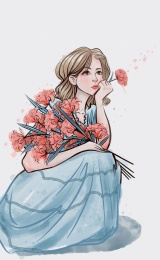 捧着花束蹲着思考的少女