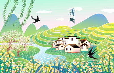 清明节婺源油菜花盛开风景插画海报