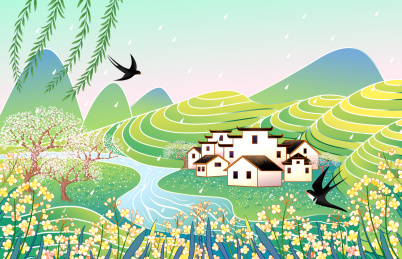 清明节婺源油菜花盛开风景插画海报