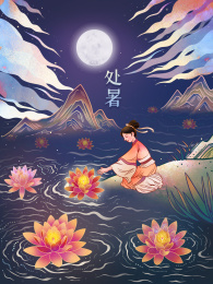 女孩在河边放河灯插画海报背景