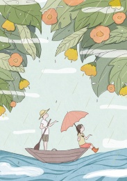 鲜花下小船上的小男孩与小女孩