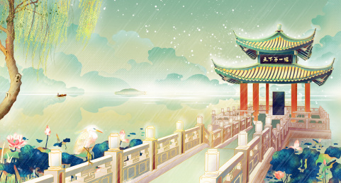 中国风国朝插画清明凉亭山水安丰塘荷花