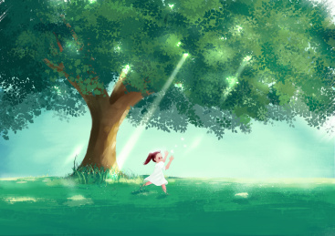 小女孩在大树下玩耍