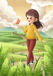 小女孩在麦田里逗蝴蝶