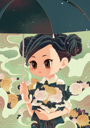 抱着花束撑着雨伞的女孩