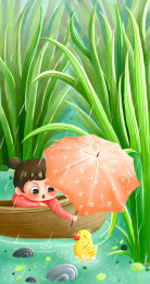 下雨天小女孩在稻田里为小鸭子撑伞