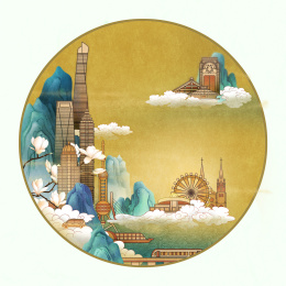 国风青绿山水上海城市建筑镜片