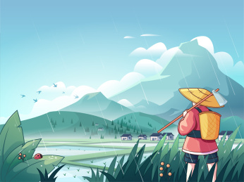 农民站在稻田里面查看秧苗矢量插画