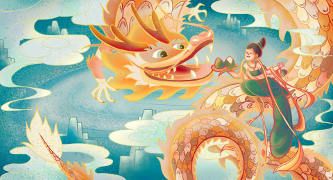 端午飞天和龙戏耍国潮风插画