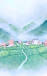 春天古风插画山水田野下雨