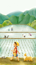 女孩和小狗走在田埂上