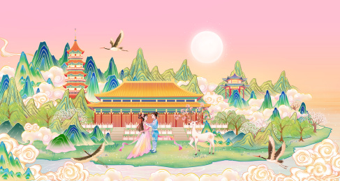 七夕牛郎织女相会园林建筑国潮插画