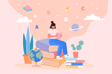 坐在书籍上读书的女孩矢量插画