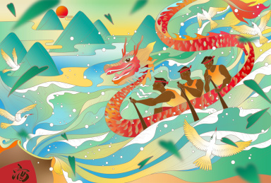 端午节划红色龙舟的3个人