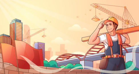 农民工在建筑工地搬运建筑矢量插画