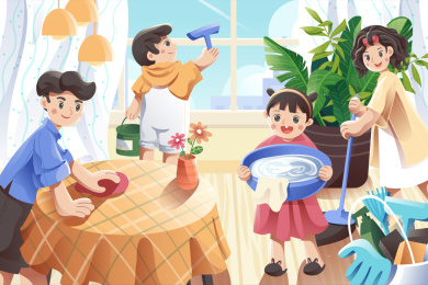 五一劳动节全家大扫除矢量插画