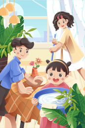 五一劳动节全家大扫除矢量插画