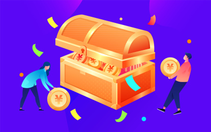 卡通人物搬运金币到宝箱矢量插画背景素材