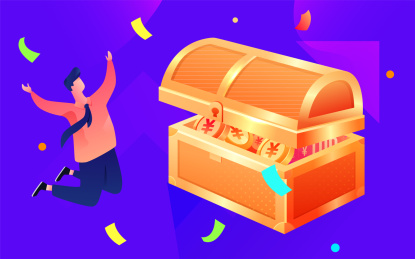 卡通人物中奖宝箱高兴场面矢量插画背景素材