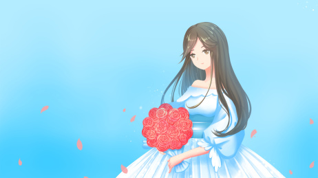 美女穿着白裙手中捧着一束玫瑰搭配蓝色背景