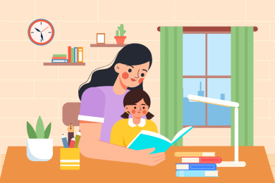 一起看书学习的母女矢量插画