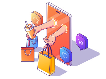 手拿购物包从手机里面伸出来矢量插画