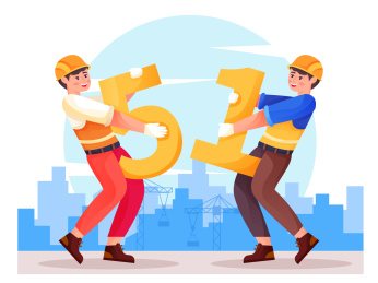 建筑工人手抱51数字站在工地上矢量插画