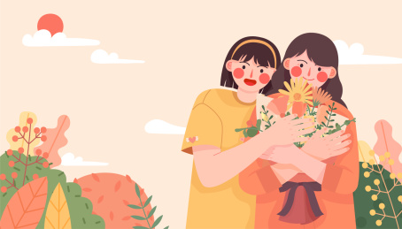 感恩母亲节女儿送妈妈一束花并拥抱了妈妈