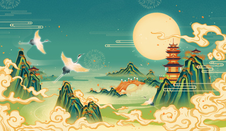 国潮建筑山水风景插画