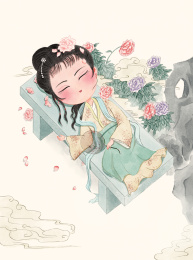 石凳上睡觉的女孩