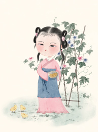 牵牛花下喂小鸡的女孩