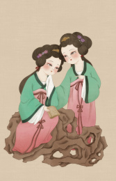 坐在根雕上的两个仕女