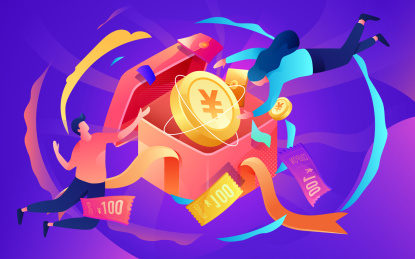 卡通金融人物争抢礼盒金币财富矢量插画素材