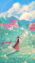 红帽少女在草原上行走