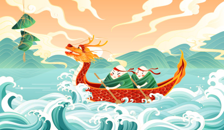 端午节划龙舟的粽子国潮风节日插画