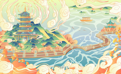 杭州西湖十景国潮矢量风景插画雷峰夕照