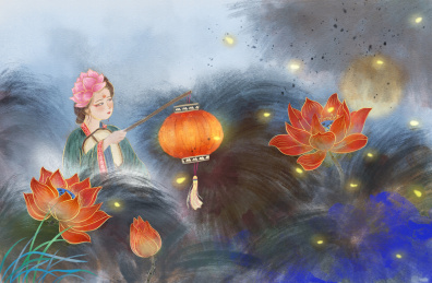 手提灯笼的少女穿梭在荷花塘