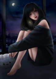 夜晚坐在窗台上