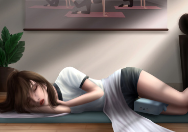 趴在瑜伽垫上睡觉的少女