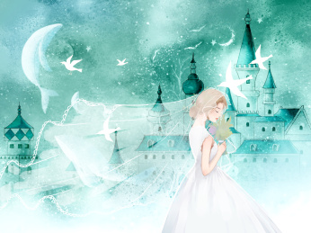 手拿花簇的新娘在梦幻的城堡前走过