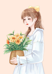 手捧太阳花的白裙少女