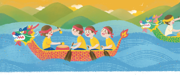 端午节在青山绿水间划龙舟比赛的竞技选手