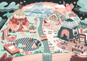 亲子旅游户外写生儿童节插画