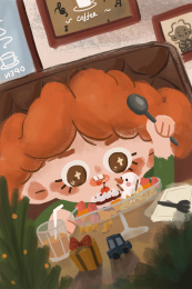 咖啡厅吃冰的卷发女孩