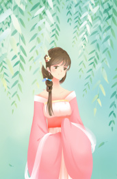 柳叶繁茂垂落中古装粉衣美女站在树下