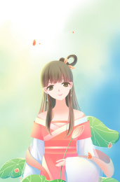 一位穿着粉色露肩古装的美女拿着粉色花苞