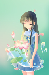 蓝色连衣裙的少女手中拿着一幅生莲花的画卷