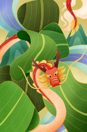 端午节的龙舟和粽子中国风手绘插画